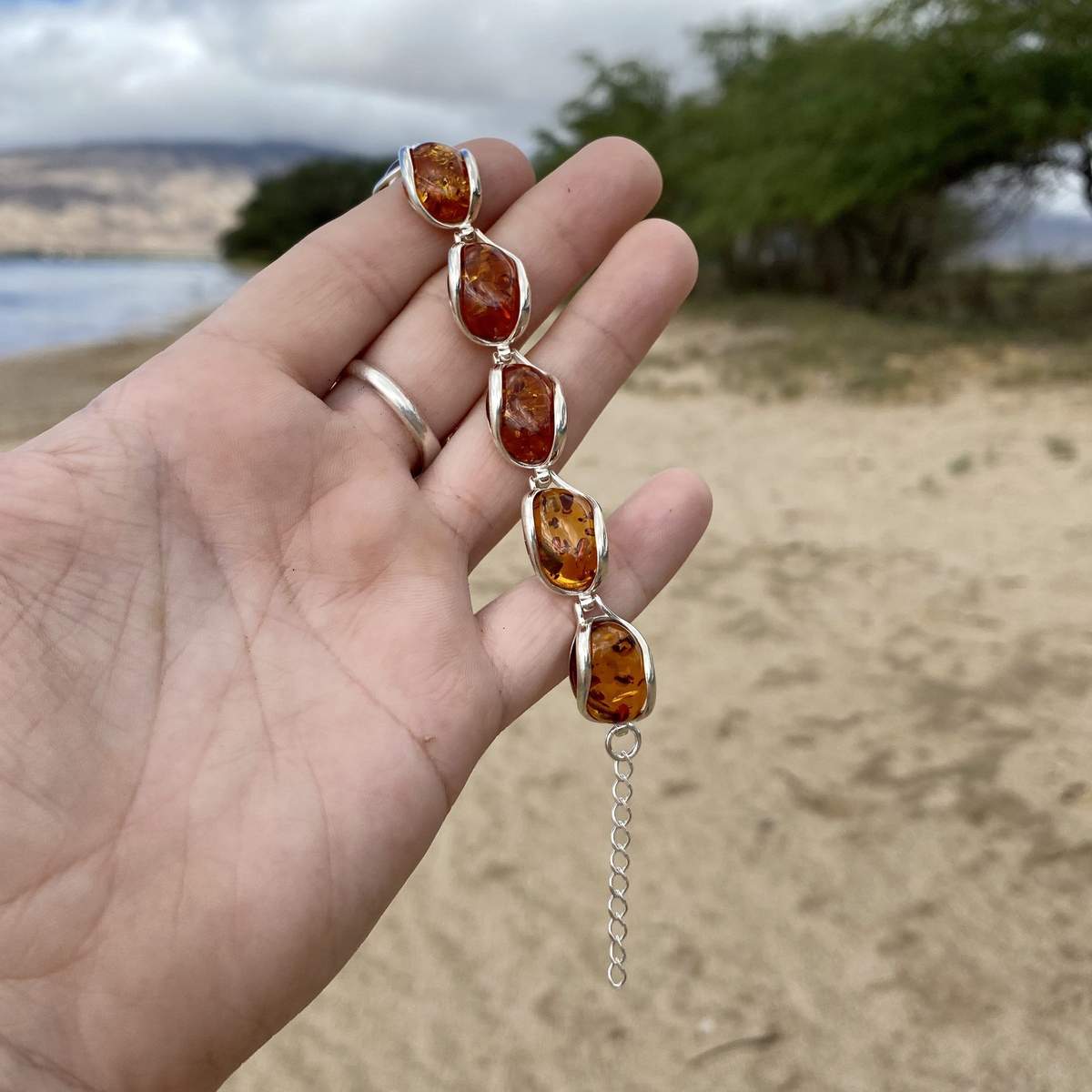 Person holding Baltic Amber Bracelet on beach
