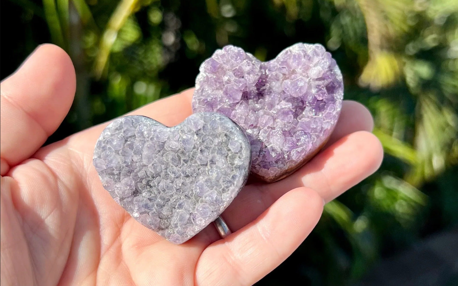 Hand holding Amethyst Druzy Hearts