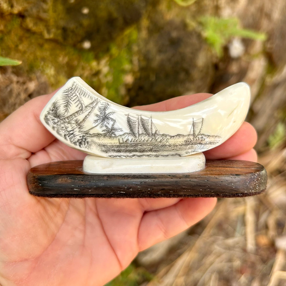 Ray Peters Carving - Fossil Walrus Fish Hook - Scrimshaw Collector
