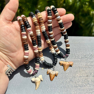Three Coconut Bead Necklaces with Fossil Shark Tooth