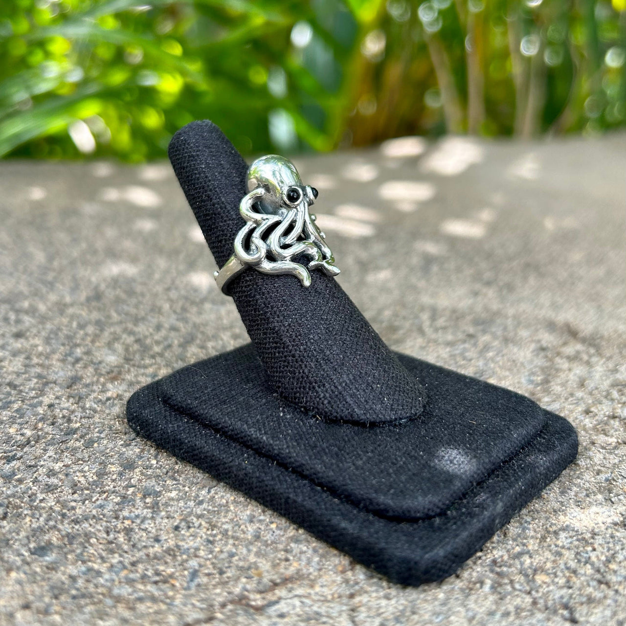 Sterling Silver Octopus Adjustable Ring with Onyx Eyes