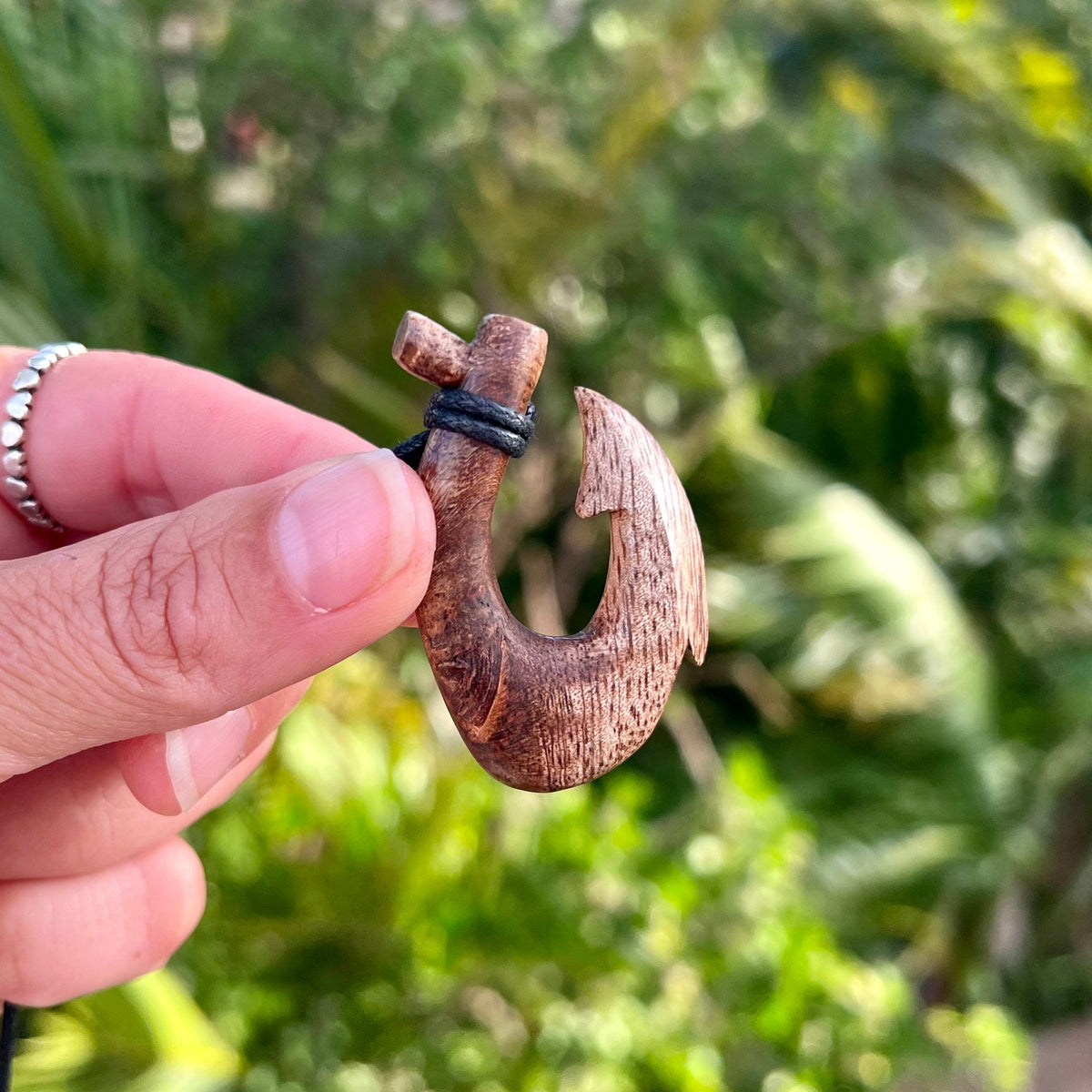 Hawaiian Fish Hook Necklace (Black Buffalo Bone) - Hand Carved, Shark Tooth