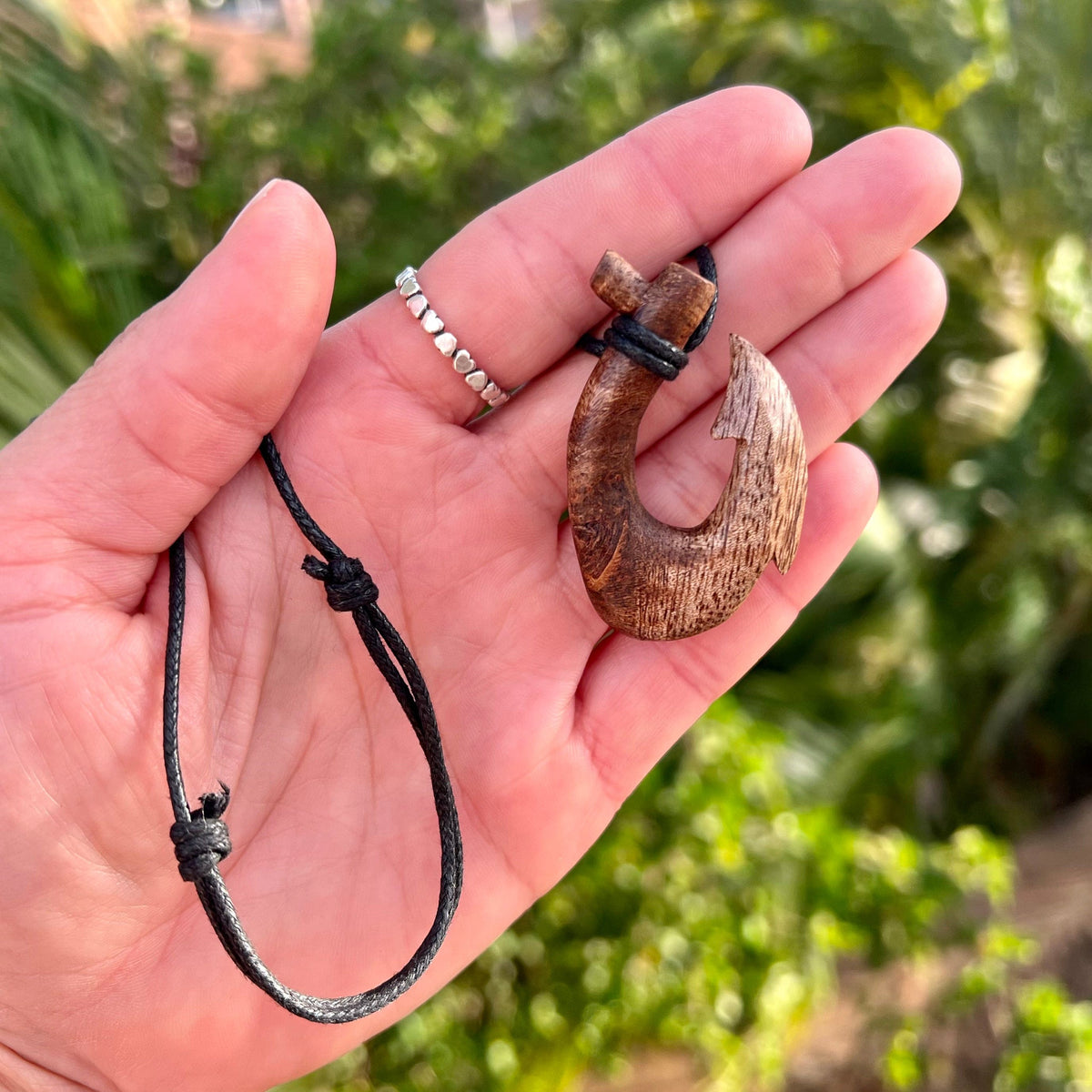 Hawaiian Fish Hook Necklace (Black Buffalo Bone) - Hand Carved, Shark Tooth