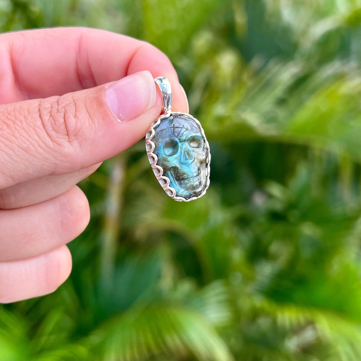 Labradorite Skull Pendant with Scalloped Sterling Silver Bezel