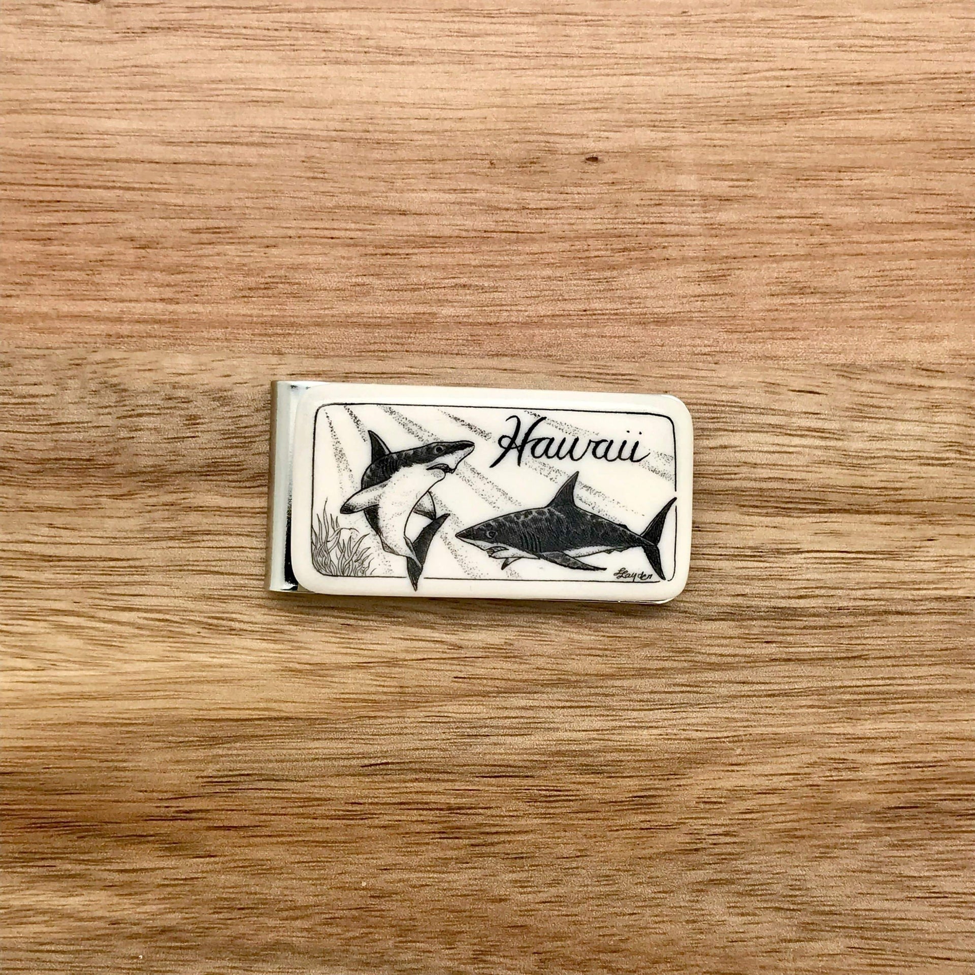 Scrimshaw Style Wide Money Clip with 2 shark detail designed by artist Linda Layden