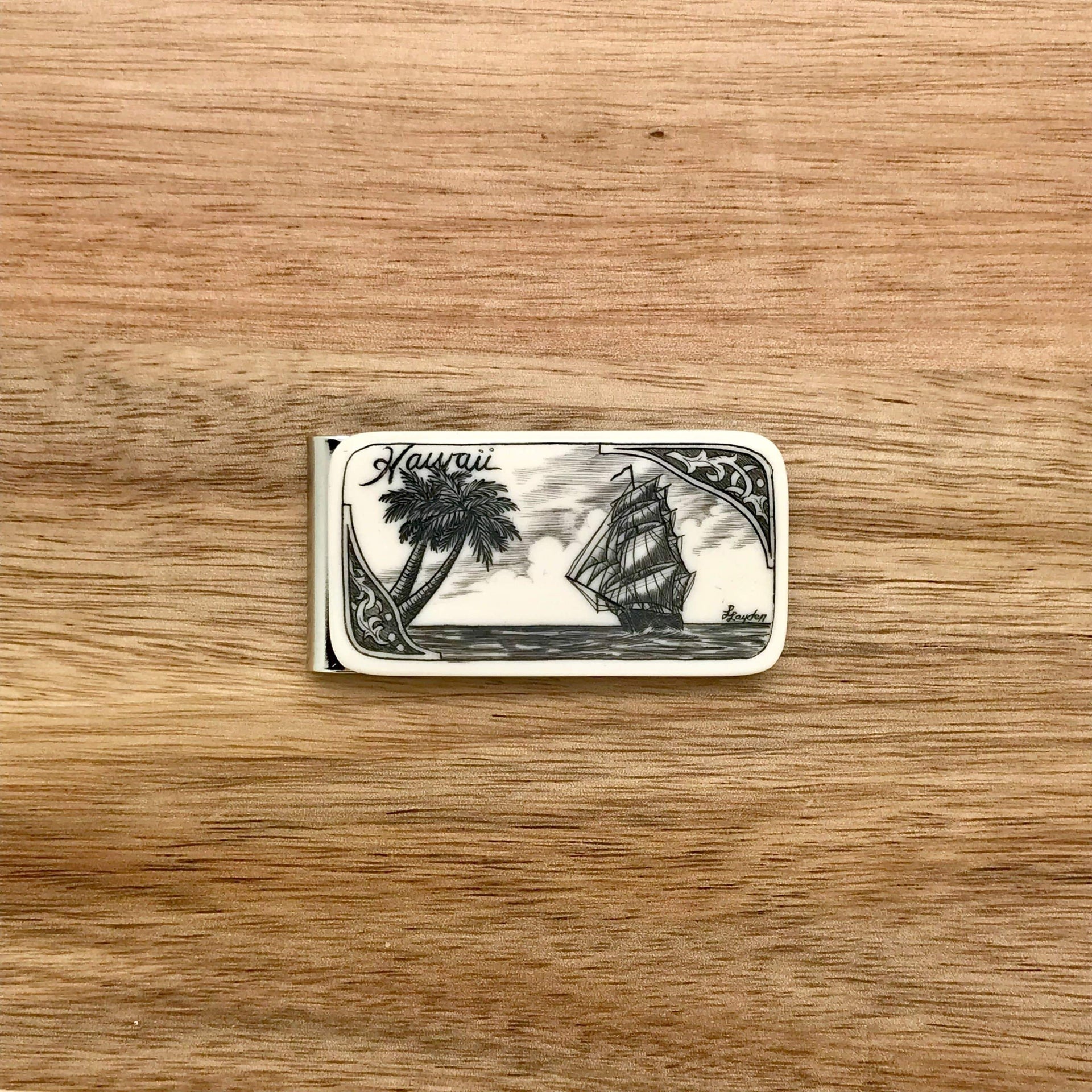 Scrimshaw Style Wide Money Clip with ship and palm tree detail designed by artist Linda Layden