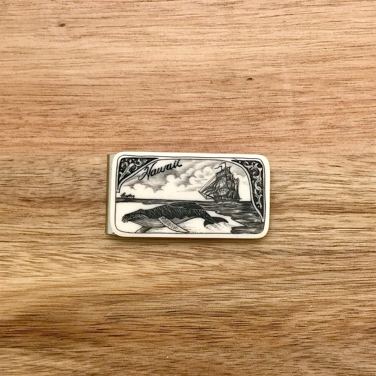 Scrimshaw Style Wide Money Clip with humpback whale and ship detail designed by artist Linda Layden