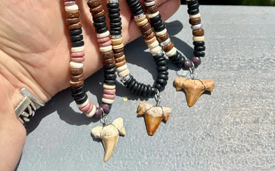 Person Holding Three Coconut Bead Necklaces with Fossil Shark Teeth