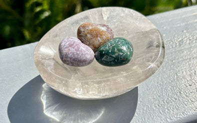 Smoky Quartz Bowl with Three Palm Stone Healing Crystals in the Sun