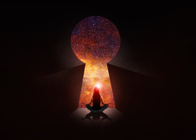 Woman meditating in front of a keyhole galaxy