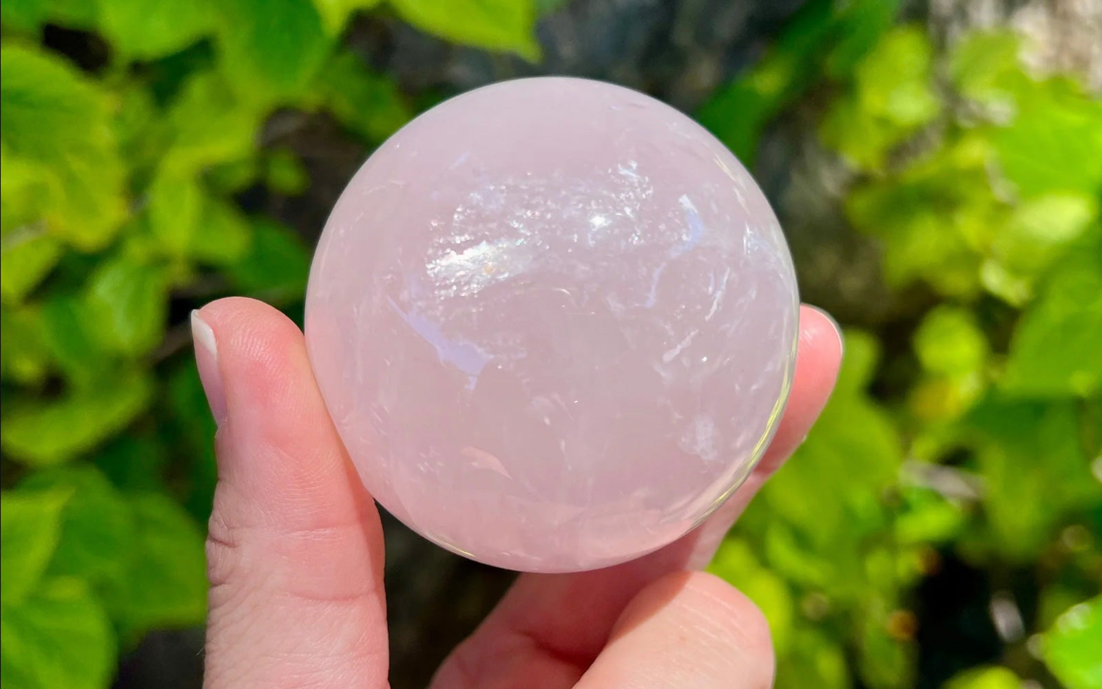 Person holding up a Rose Quartz Sphere healing crystal