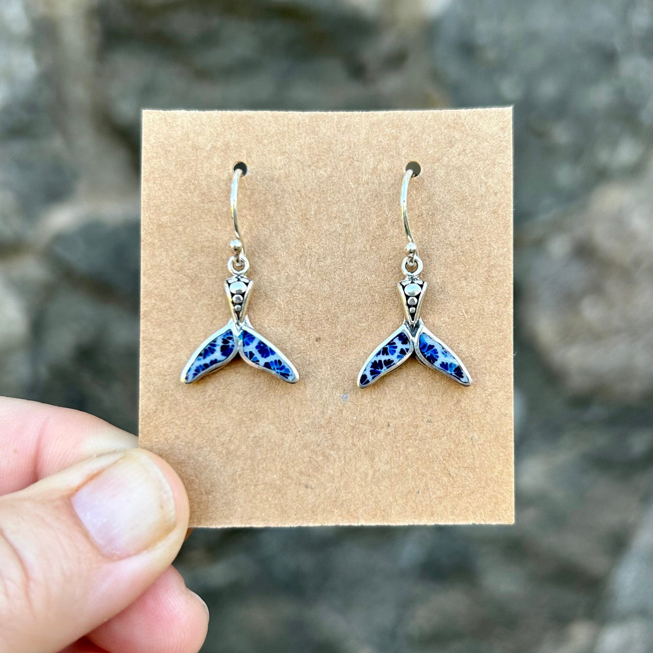 Slim Whale Tail Earrings with Inlay