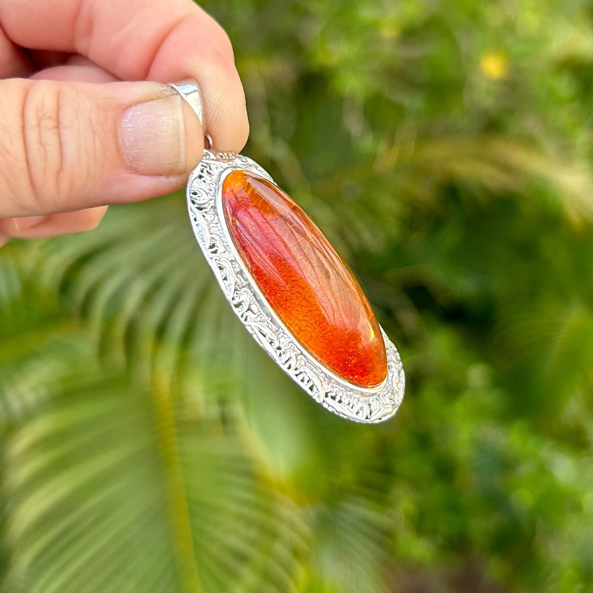 Ornate Sterling Silver Pendant Frame with Baltic Amber