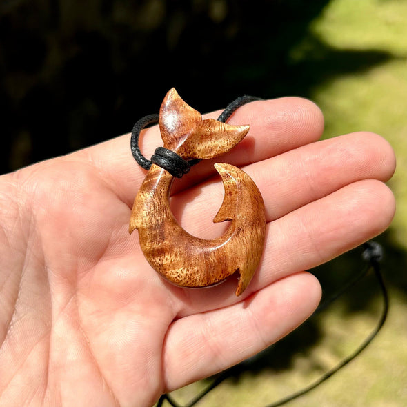 Curly Koa Wood Whale Tale Maui Fish Hook Necklace