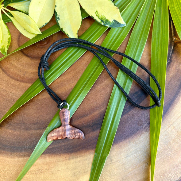 David Haake Carved Curly Koa Whale Tail Necklace