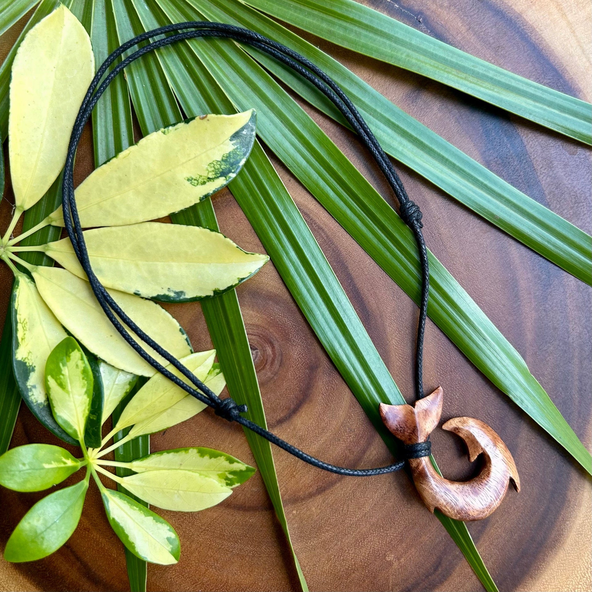 Curly Koa Wood Maui Fish Hook Necklace