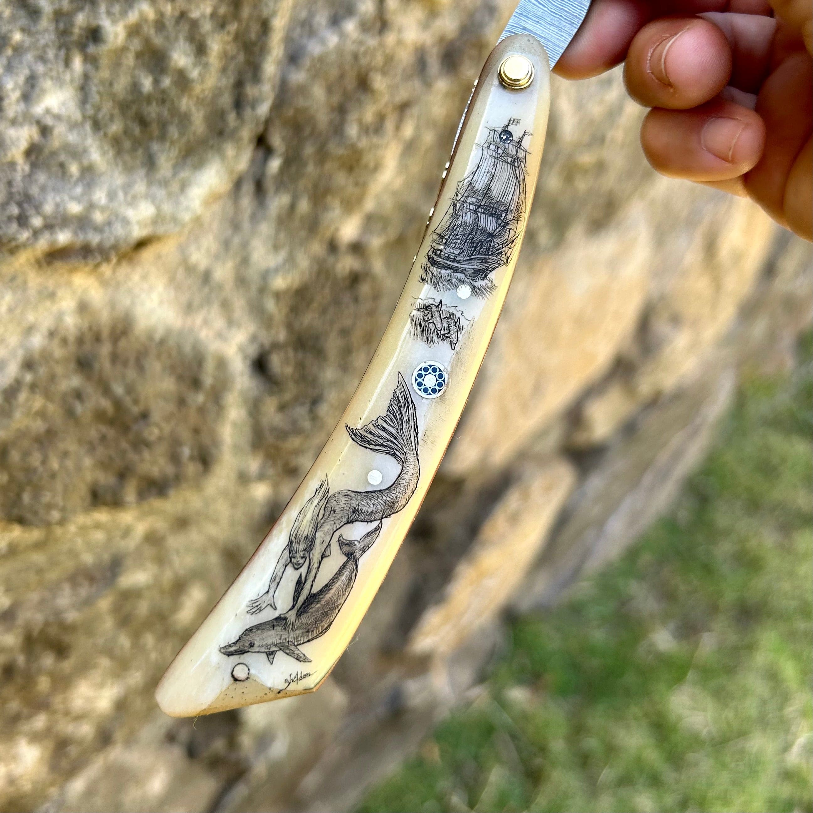 Paul Sheldon Scrimshaw Art on High-Carbon Damascus Straight Razor- Shi