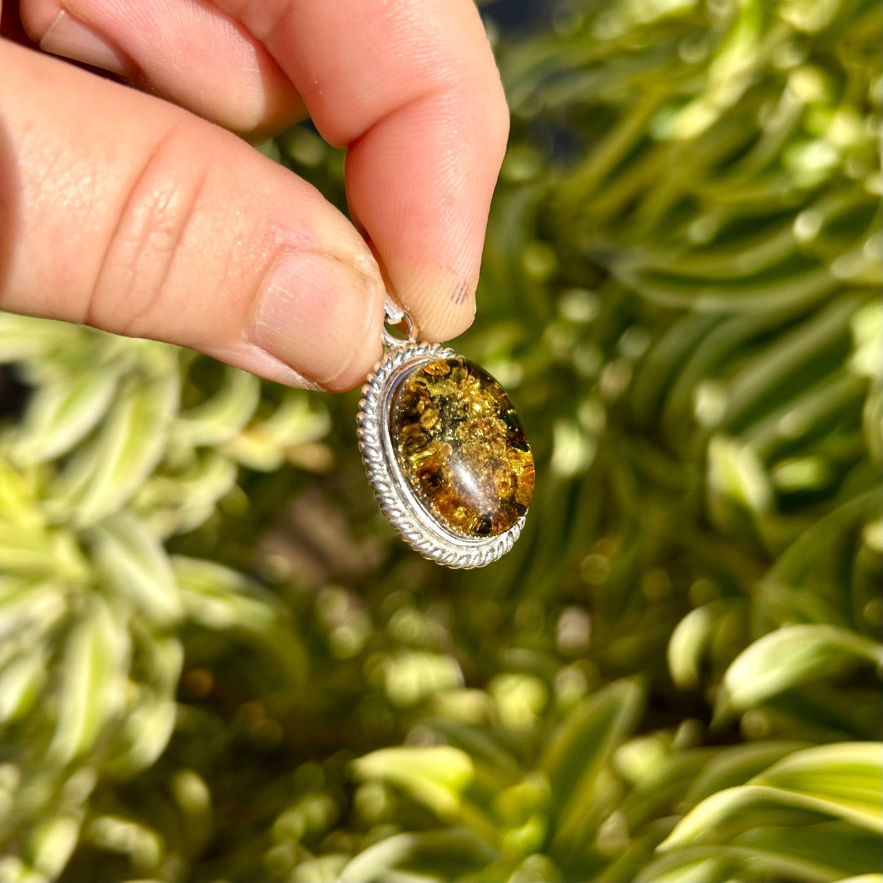 Silver Framed Green Amber Pendant- BAP43