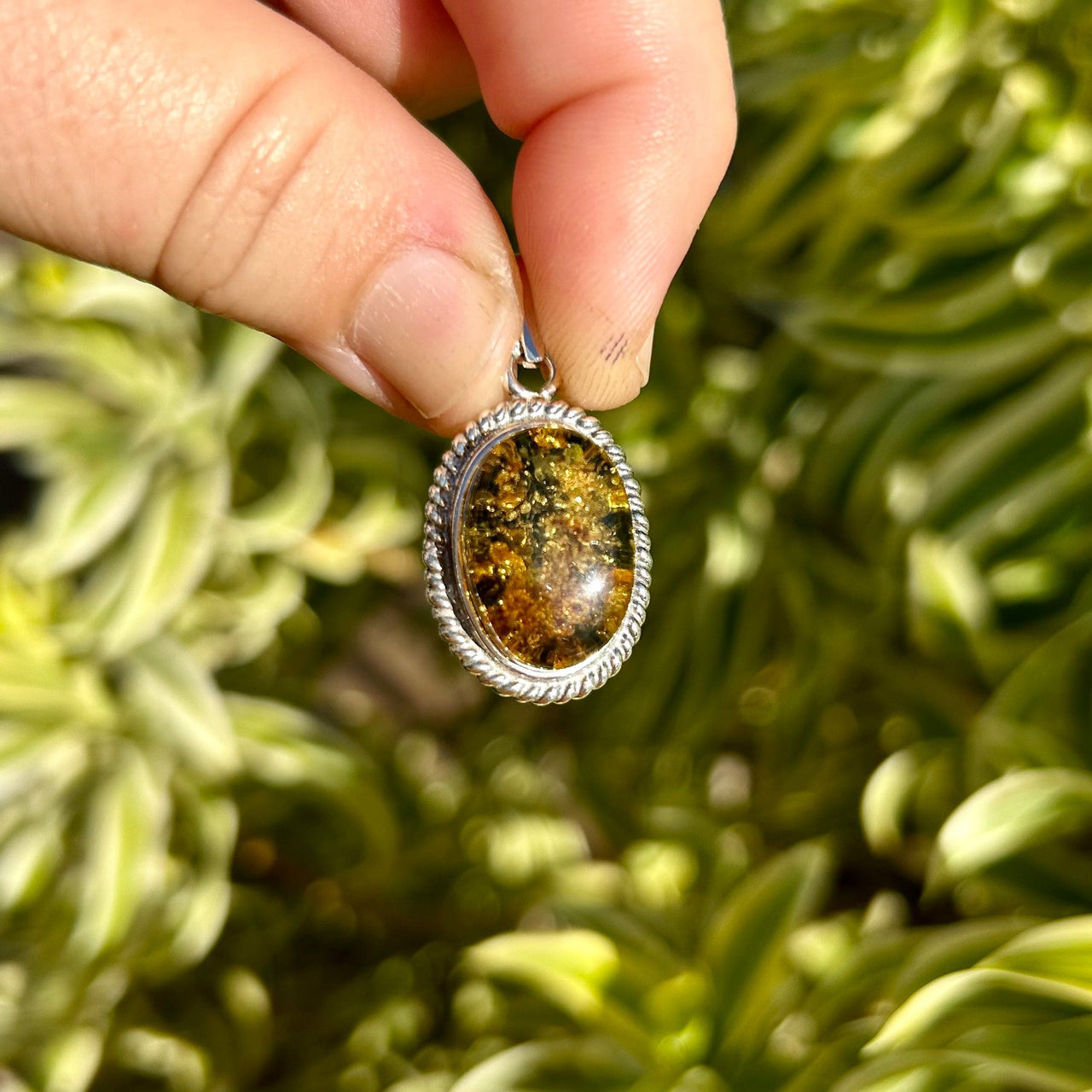 Silver Framed Green Amber Pendant- BAP43