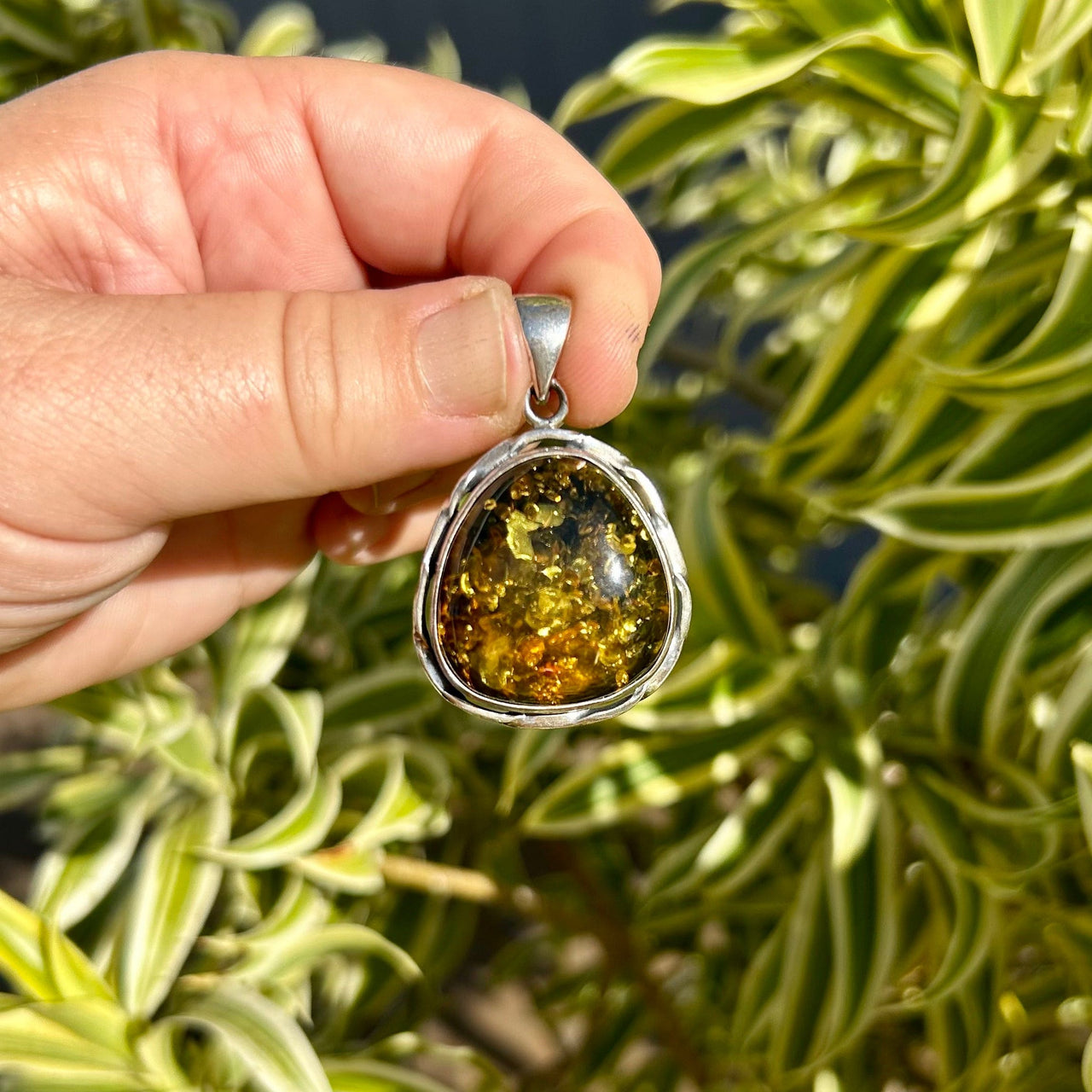 Green Baltic Amber Silver Pendant