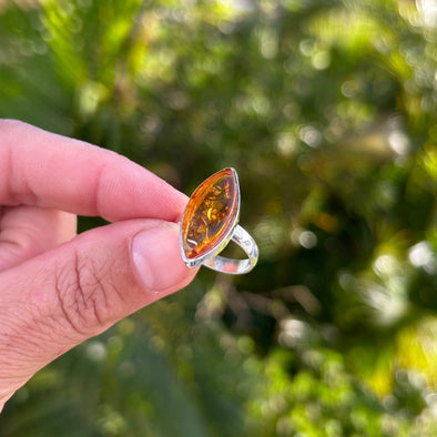 Sterling Silver Baltic Amber Marquise Ring