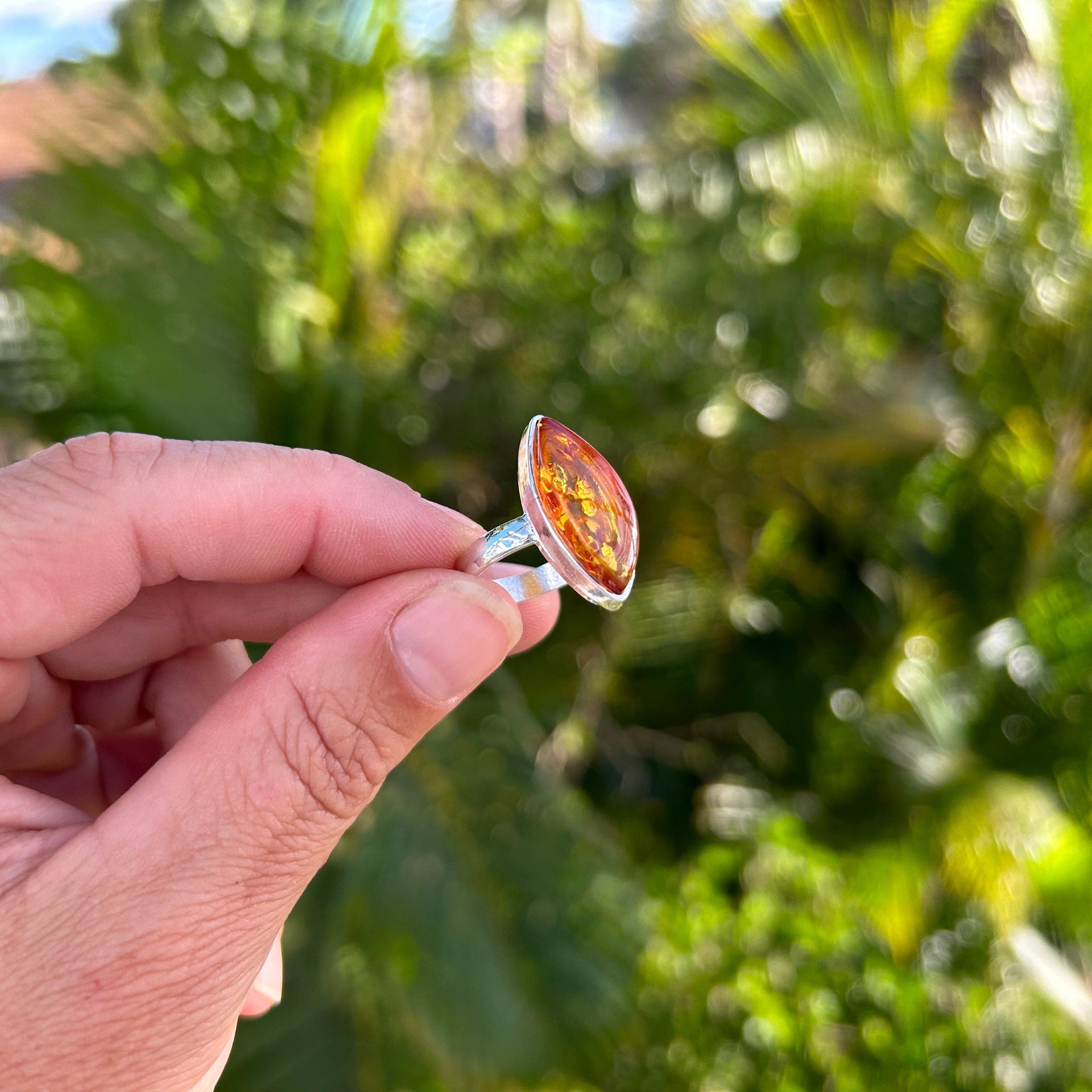 Honey Baltic Amber Marquise Silver Ring