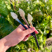 Hand Carved Flora Hair Sticks in Calathea Leaf Design