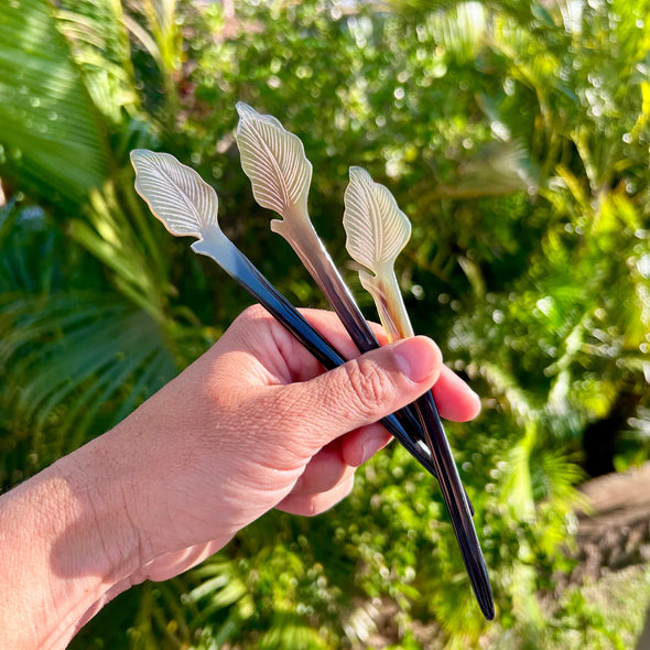 Hand Carved Flora Hair Sticks in Calathea Leaf Design