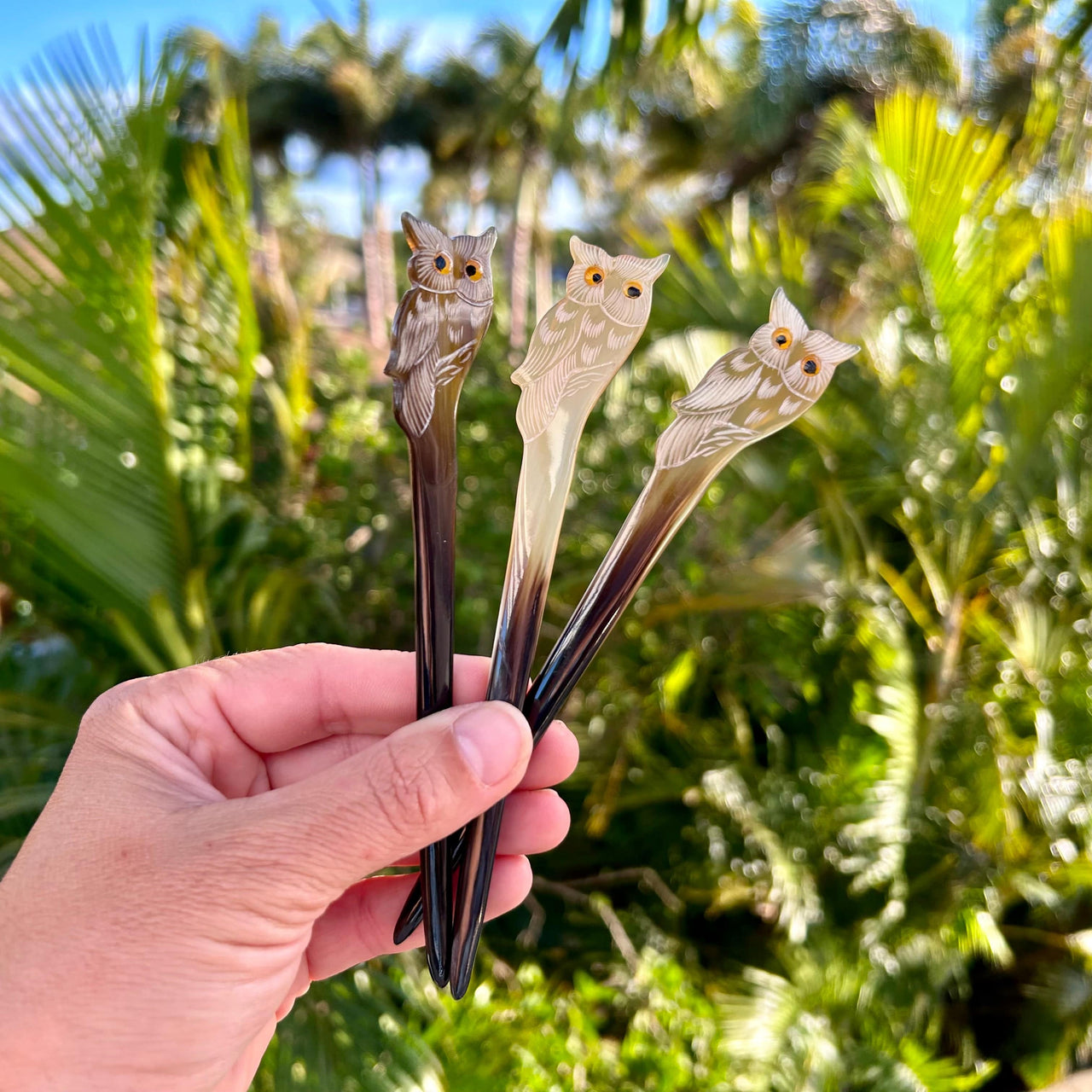 Hand Carved Fauna Hair Sticks in Owl Design