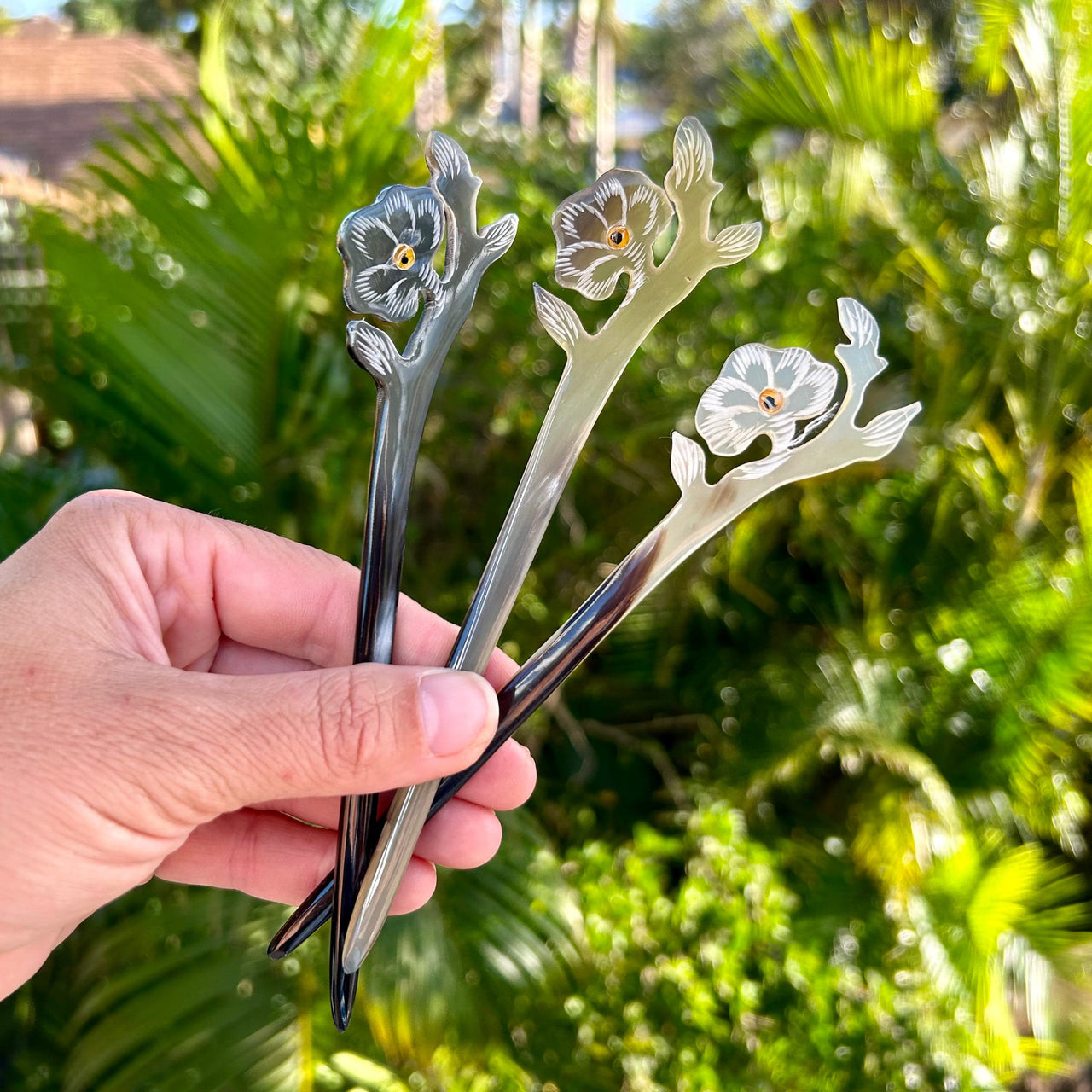 Hand Carved Flora Hair Sticks in Cherry Blossom Design