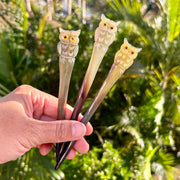 Hand Carved Fauna Hair Sticks in Mother Owl Design