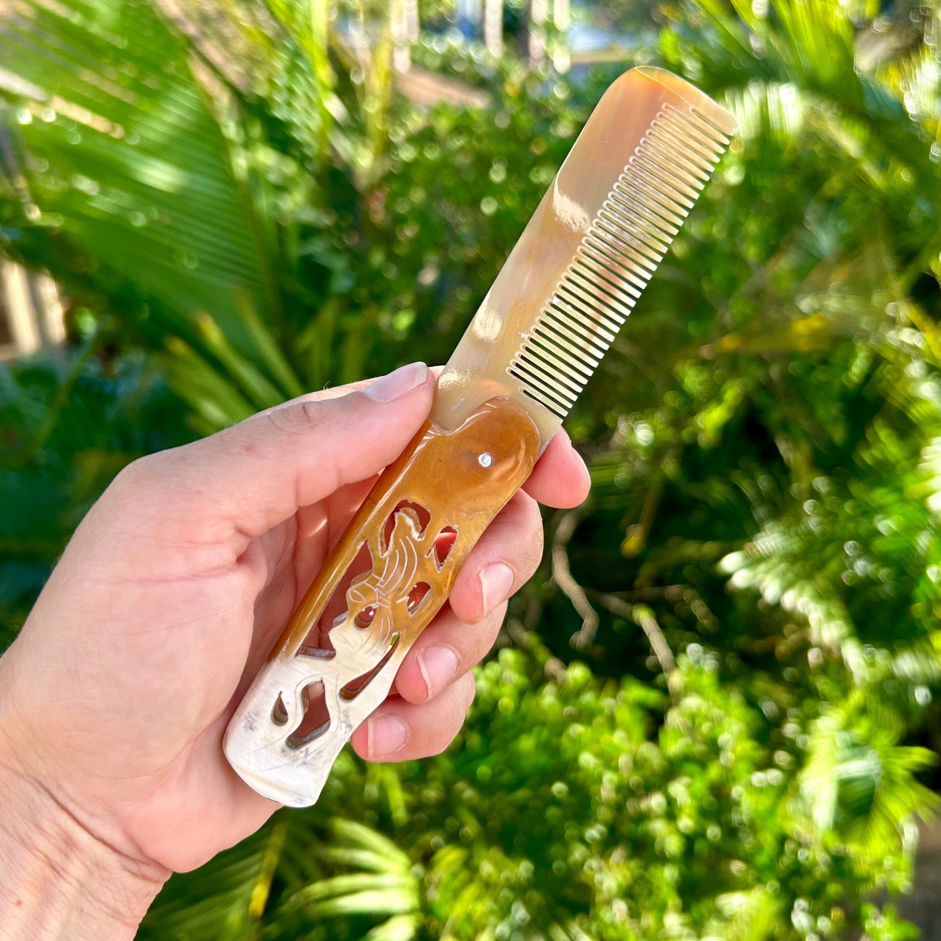 Handmade Water Buffalo Horn Folding Comb with Ornate Detail