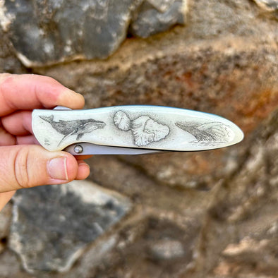Pete Lange Scrimshaw Kershaw Leek Pocket Knife- Maui with Humpbacks
