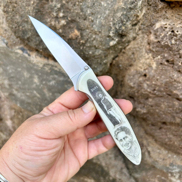Pete Lange Scrimshaw Kershaw Leek Pocket Knife- Duke Kahanamoku