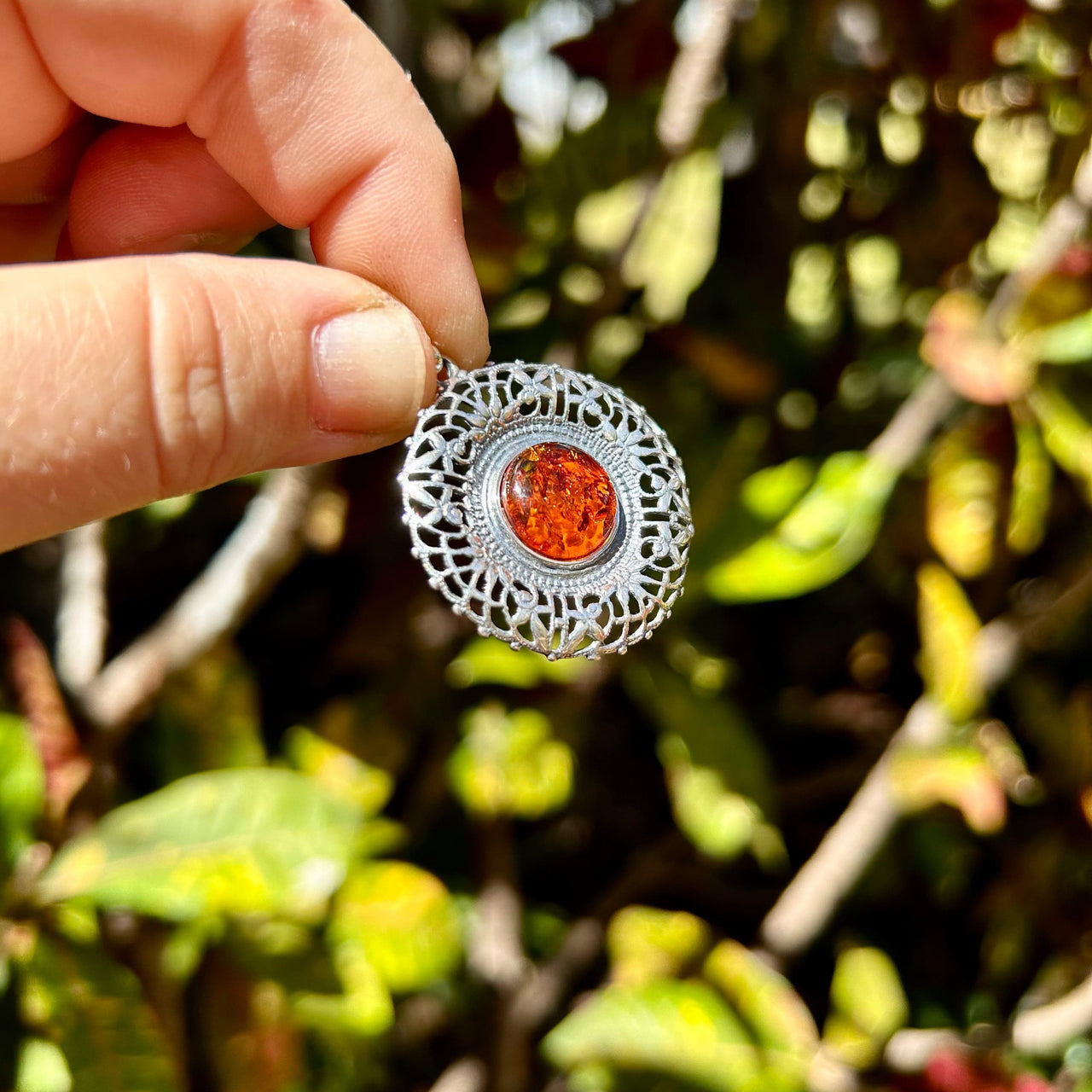 Silver Framed Baltic Amber Round Pendant- BAP47