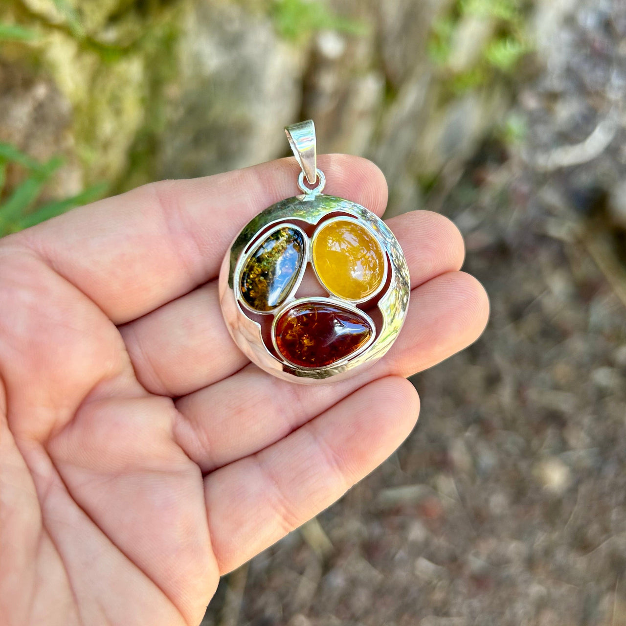 Round Multi Colored Amber Pendant- BAP26