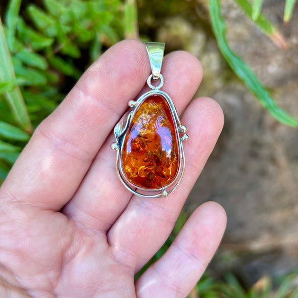 Large Baltic Amber Pendant Set in Sterling Silver