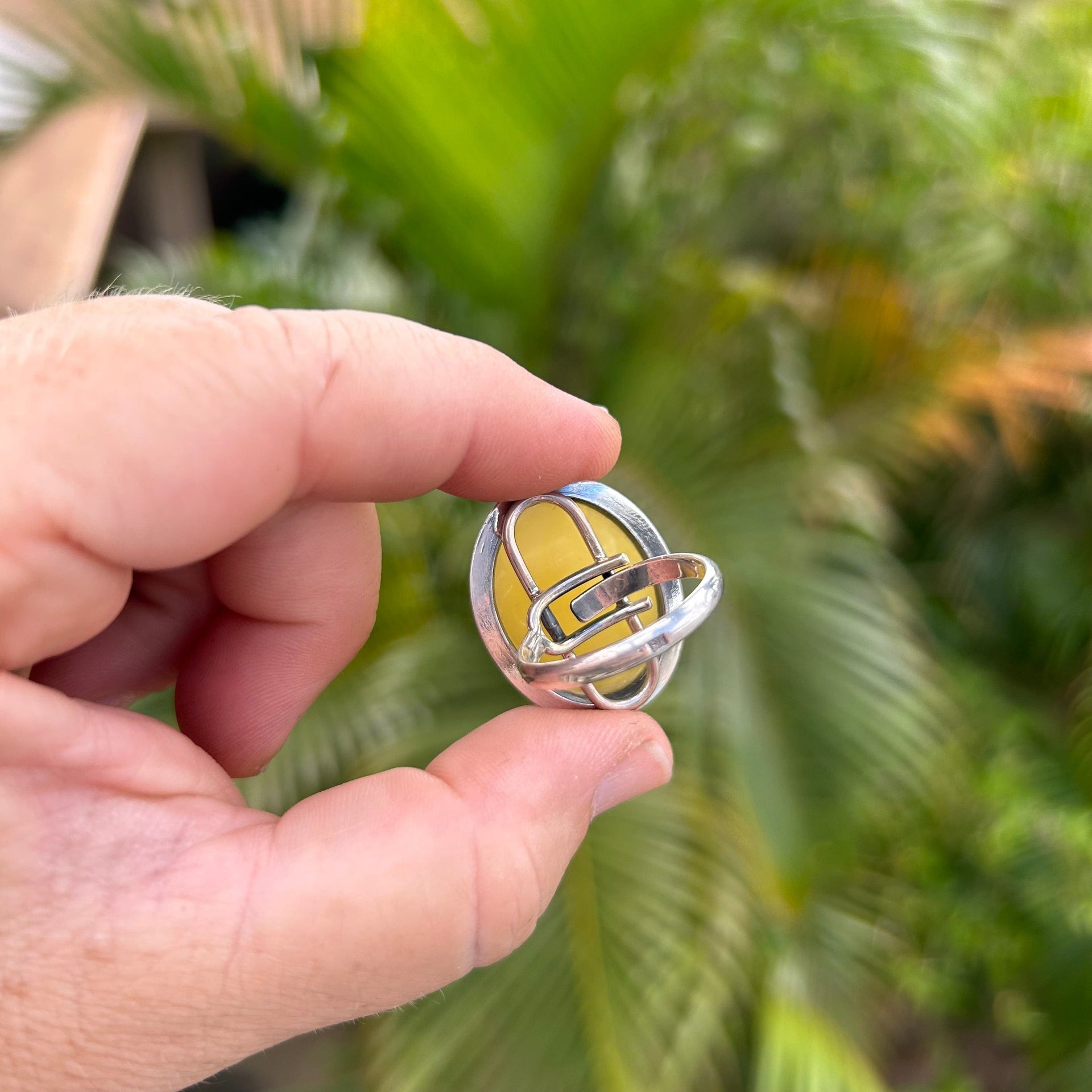 Back of Sterling Silver Frame on Buttery Baltic Amber Adjustable Ring