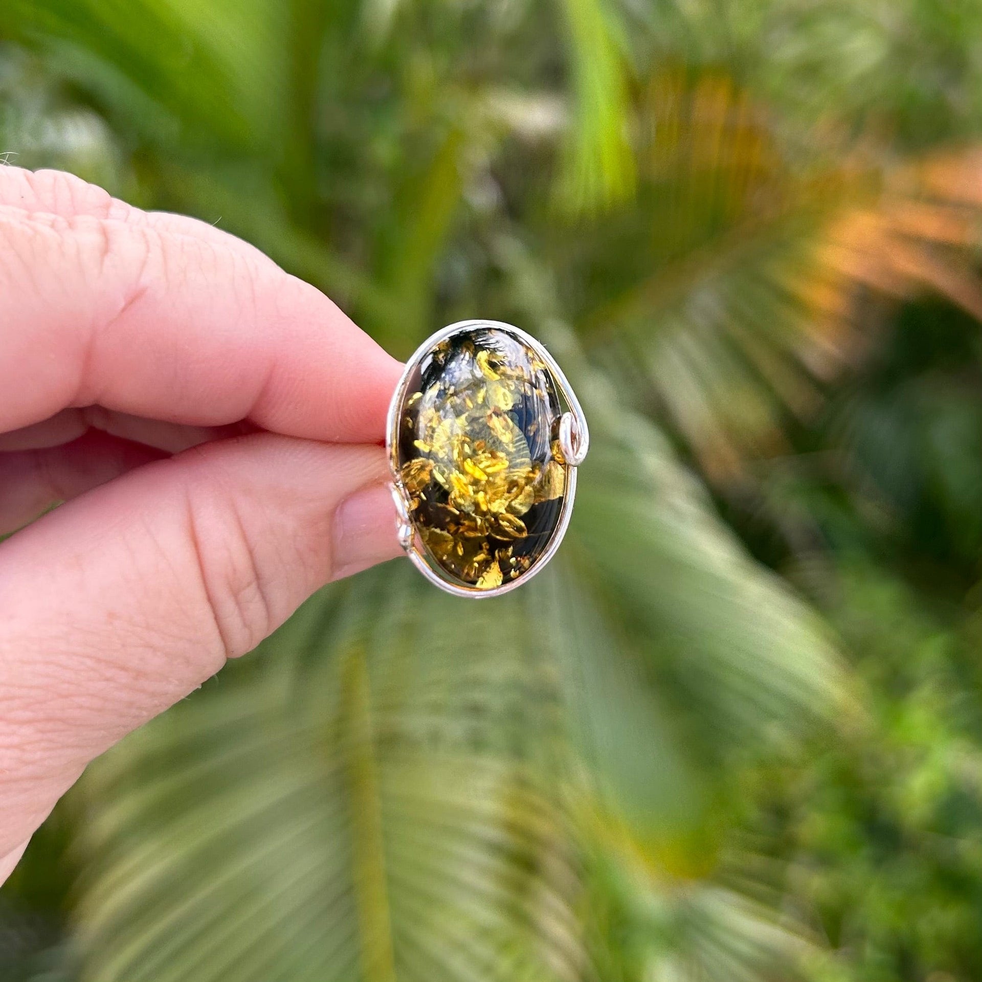 Green Baltic Amber Adjustable Ring