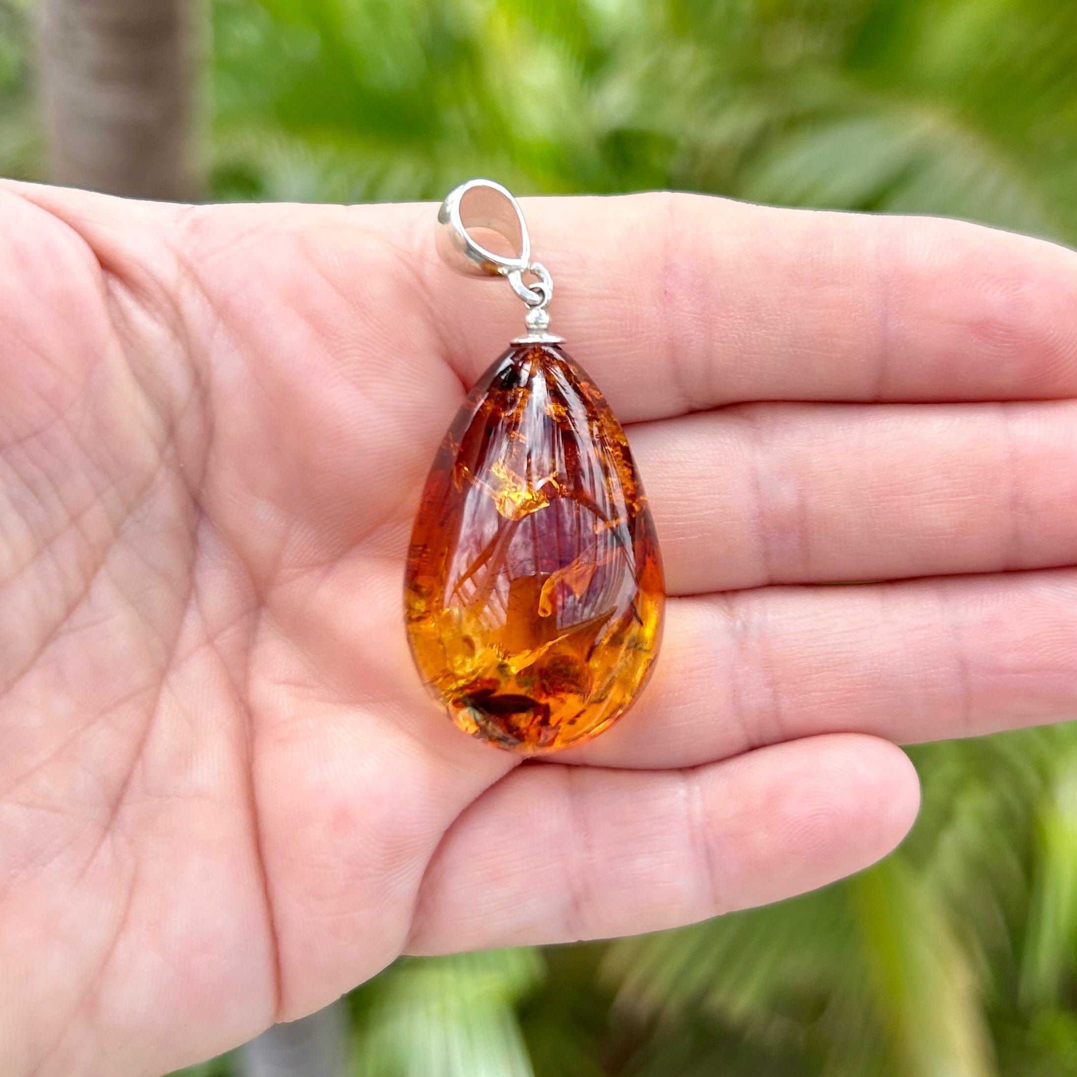 Sterling Silver Large shaped Amber Pendant - Chilton's Antiques