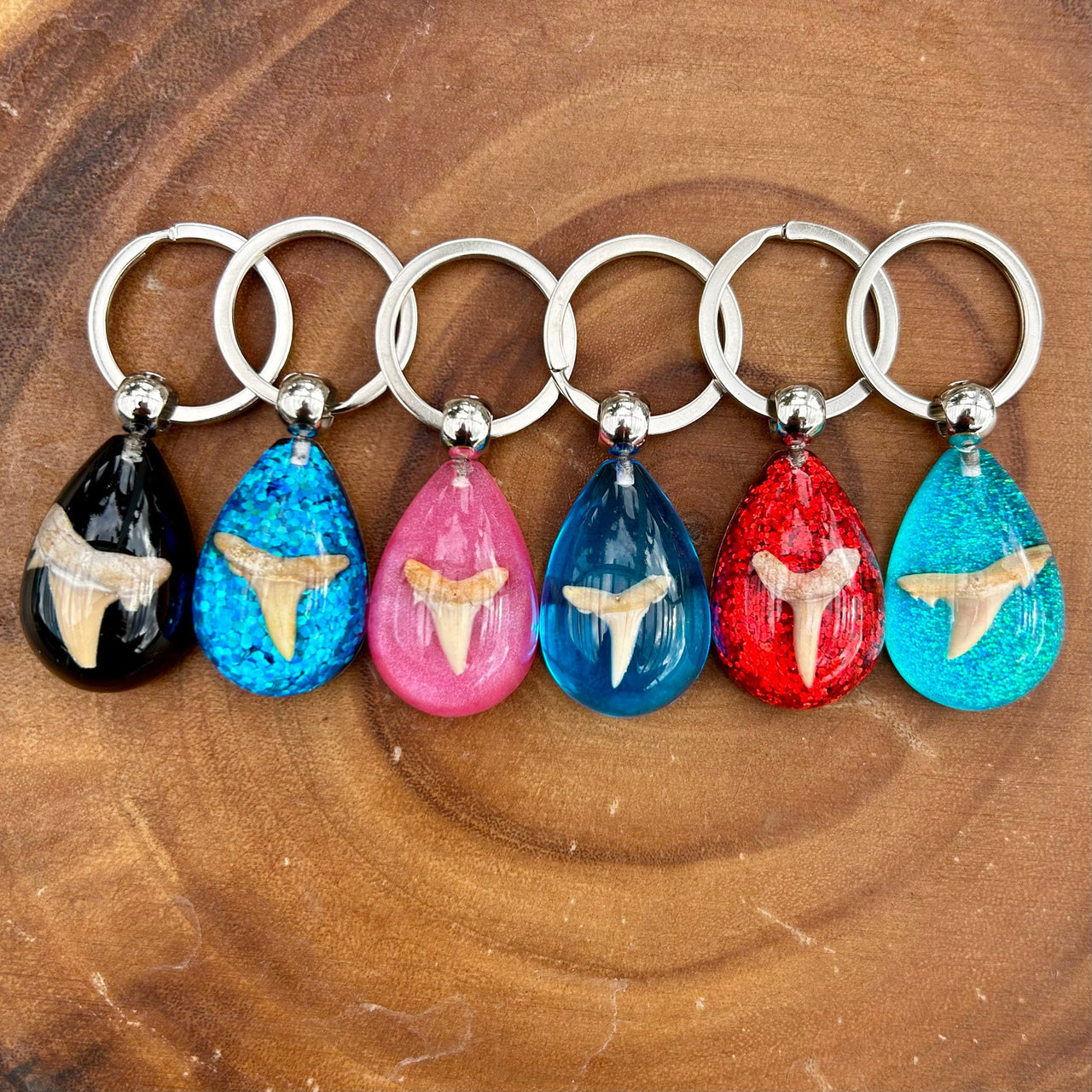 Fossil Shark Tooth Colorful Teardrop Keychain