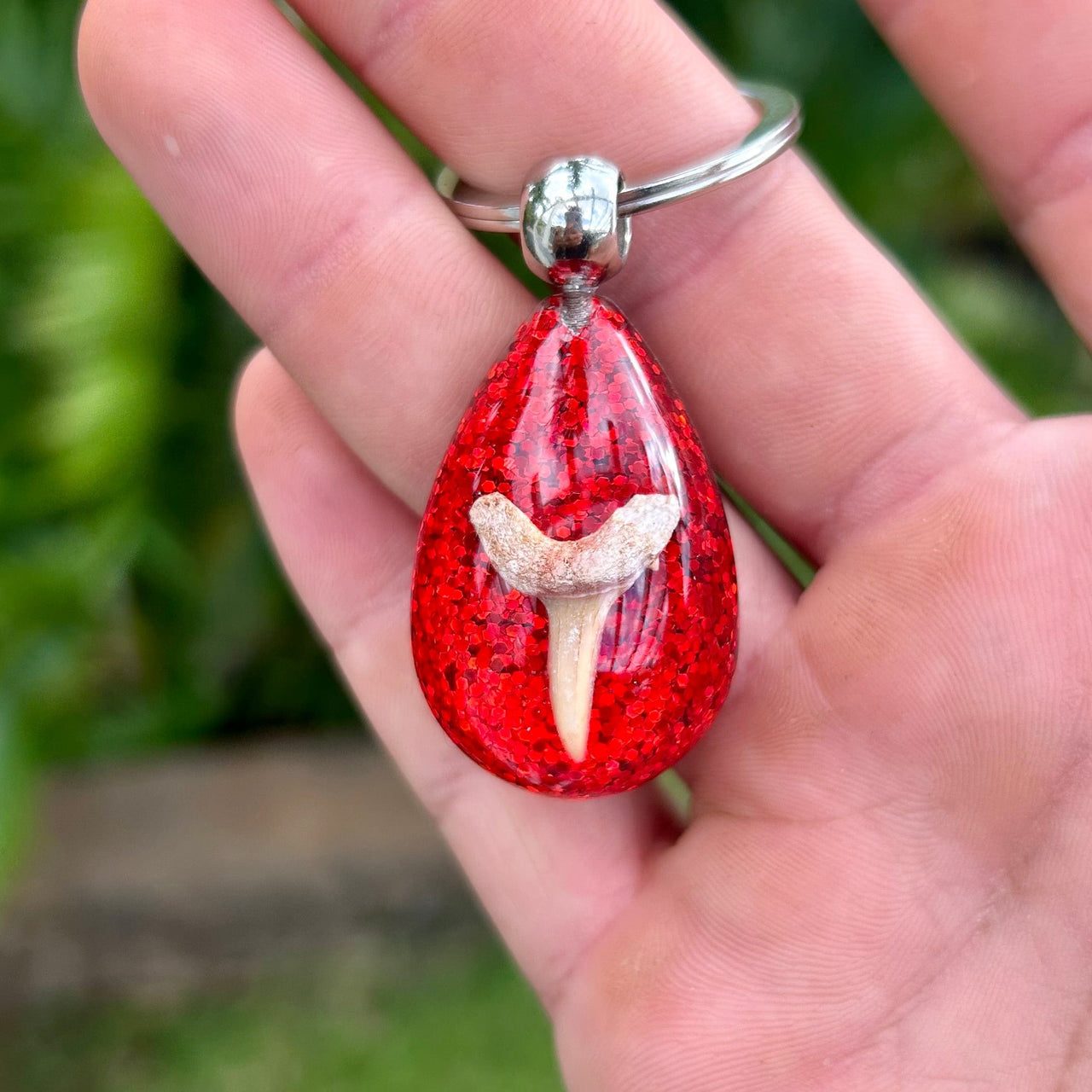 Fossil Shark Tooth Colorful Teardrop Keychain