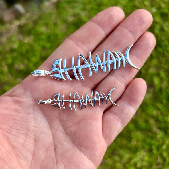Large and Small Hawaii Fishbone Pendants in Sterling Silver