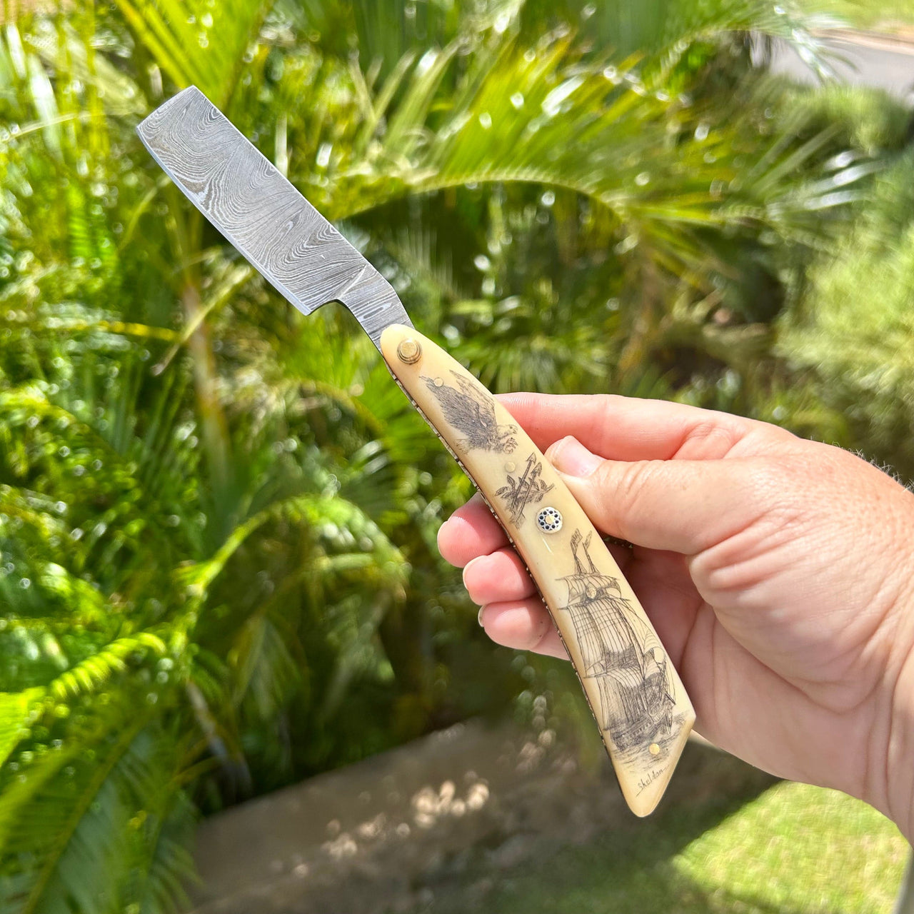 Straight Razor with Damascus Blade and Ship Scrimshaw Art by Paul Sheldon