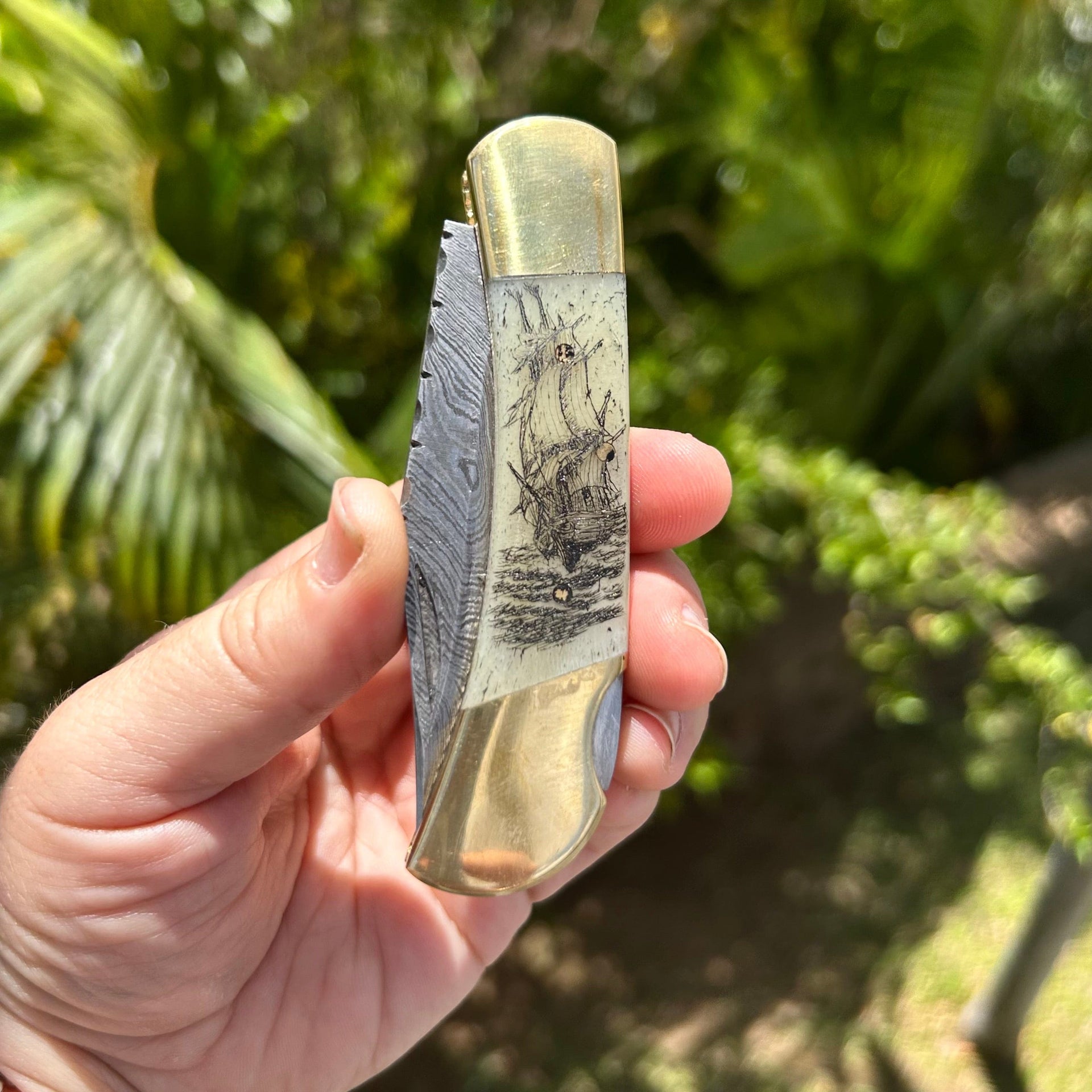 Scrimshaw Whaling Ship on Damascus Folding Knife