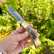 High-Carbon Damascus Folder Knife with Paul Sheldon Whaling Ship Scrimshaw Art