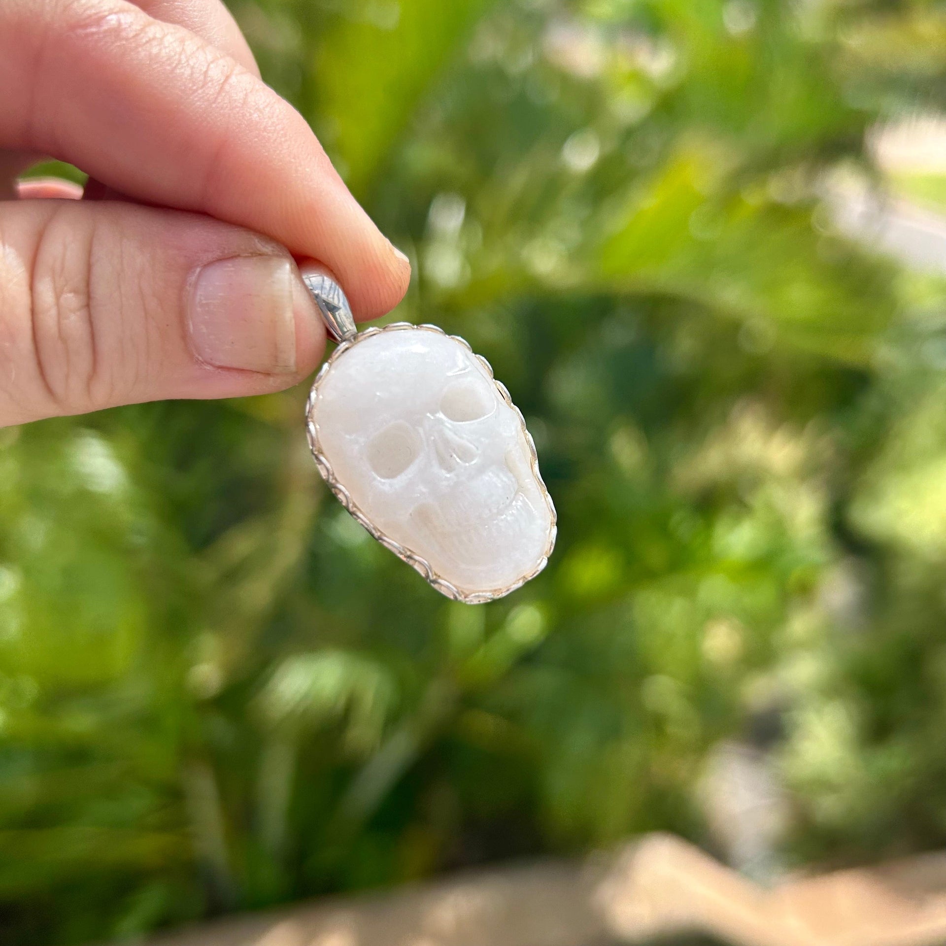 Healing Crystal Milky Quartz Skull Pendant set in Sterling Silver