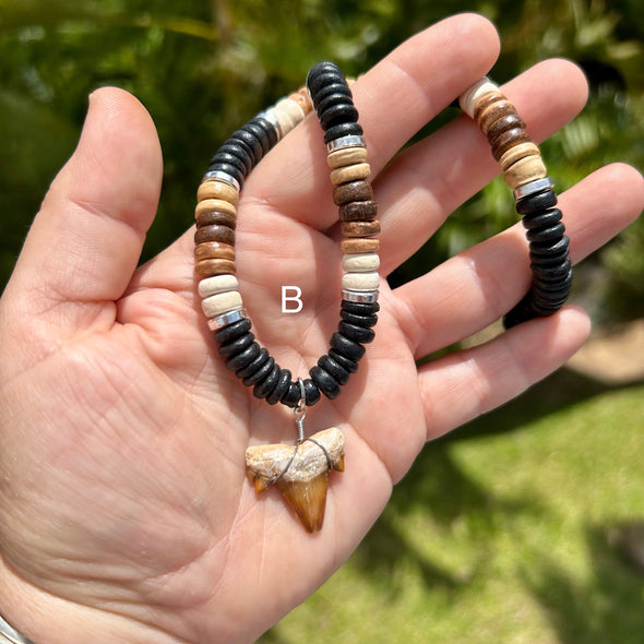 Fossil Shark Tooth on Coconut Bead Necklace