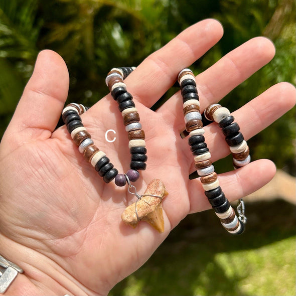 Coconut Bead Necklace with Fossil Shark Tooth