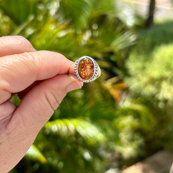 Oval Baltic Amber Set in Sterling Silver Ring